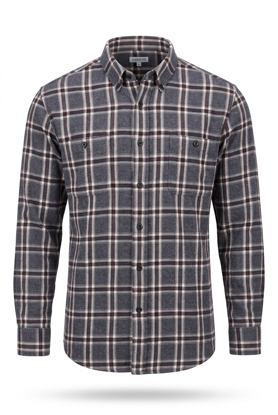 Basic Editions Flannel Shirt Mens Large Gray Burgundy Plaid 100% Cotton Classic